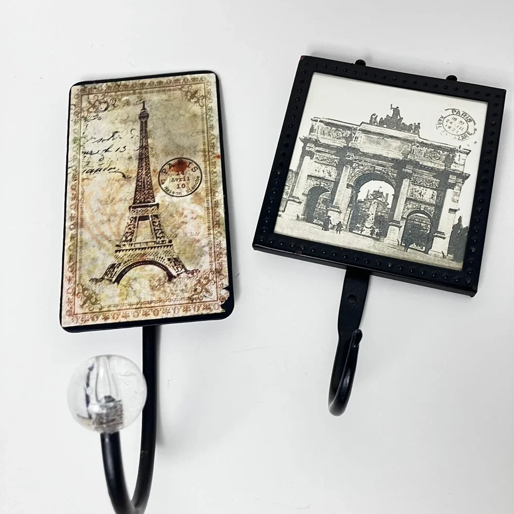 Wall Hooks Paris Eiffel Tower Arc de Triomphe Set of 2 Black Vintage Unbranded